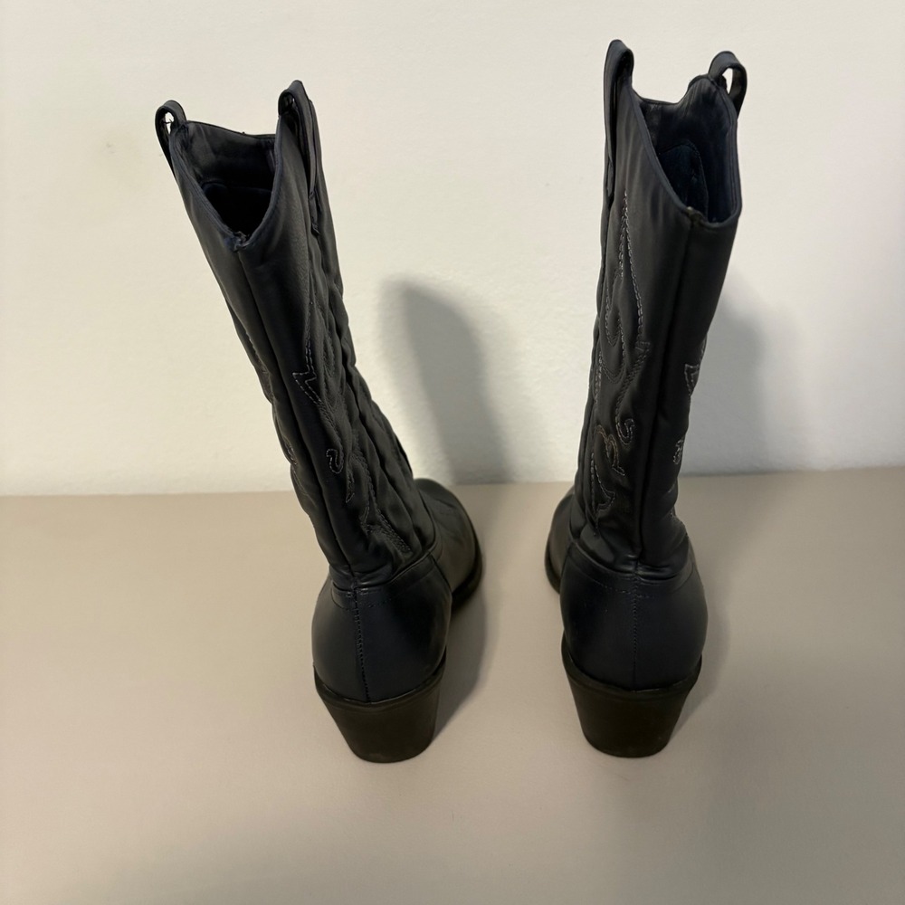 Navy Blue Western Cowboy Boots Faux Leather Pointed Toe Block Heel Mid Calf - Picture 9 of 11